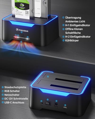 POSUGEAR Festplatten Docking Station, RGB USB 3.0 Festplattengehäuse für 2,5 und 3,5 Zoll SATA HDD/SSD, 2 x 20TB Dual Bay HDD Docking Station mit Offline Klonen Unterstützung werkzeugloser und UASP
