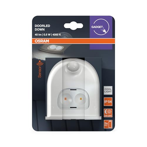 Osram Door LED Leuchte mit Bewegungssensor, batteriebetrieben, 4000K, 40lm, 0,95W, IP54, Weiß, nach unten gerichtetes Licht, für Eingangsbereiche