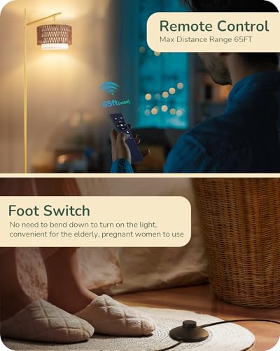 Image of EDISHINE Rattan Arc Floor Lamp, Gold Farmhouse Standing Lamps with Remote