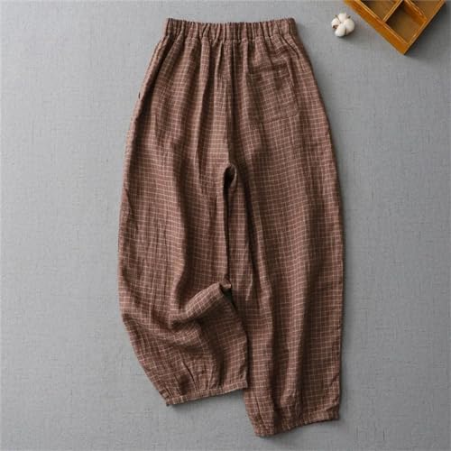 Women Vintage Plaid Wide Leg Pants Linen Pockets Elastic Waist Casual Loose Trousers2