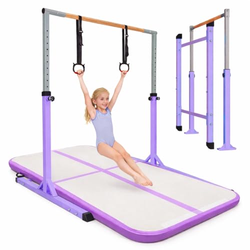 BREEZENEST Adjustable Gymnastics Bar for Kids 13-Level Height Gym Bars (100-158cm) with Rings - Steel Frame & Beechwood Bar for Home Training Indoor Outdoor Use (Purple + Cushion&Without pump)