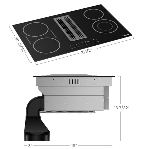 GASLAND Electric Downdraft Cooktop 31.5 Inch(80cm), 4 Burners Glass Radiant Stovetop 220V, 3-speed Max. 330 CFM Downdraft Exhaust