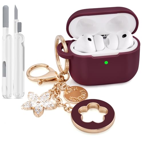 Image of VISOOM for AirPods Pro 3 Case 2025, Silicone Case for Apple Air Pods Pro 3rd Generation Cover Women, Cute iPods 3 Protective Cover with Bling Keychain & Cleaning Kit,Burdungy
