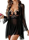 Avidlove Women Sexy 3 Piece Lingerie Set Sheer Mesh Nightgown with Thong Lace Kimono Robe Sexy Chemise Dress