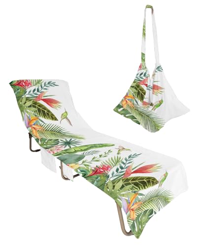 Tropical Plants Beach Lounge Chair Towel Cover, Soft Chaise Lounge Towel with Side Pockets Patio Pool Chairs Cover for Beach/Pool Sunbathing 29x85 Elegant Pastoral Botanical Summer Flower Birds