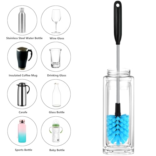 Image of Long Handled Water Bottle Brush, Multi-Purpose Bottle Scrubbing Brush, Soft Bottle Brush, Glassware Brush, Water Bottle Cleaner with Removable and Replaceable Brush Heads 15 in (1, Blue)