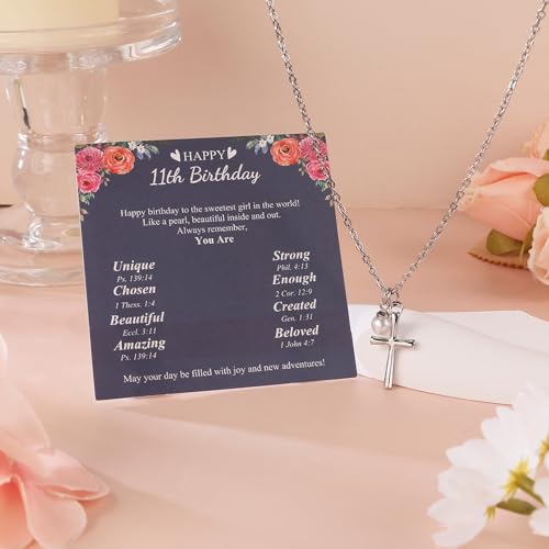 Sereney 11 Year Old Girl Birthday Gifts, Pearl Cross Necklace as Gifts for 11 Year Old Girl, Adjustable Necklaces 11th Birthday Decorations for Girls 11Yr Olds Gift for Daughter Niece Granddaughter2