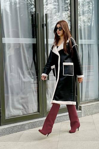 Oh Mispares Women's Nude Suede Knee High Boots - Square Toe Wide Calf Stiletto Low Heels - Fashionable Kitten Heel Pull-On Tall Winter Boots for Ladies3