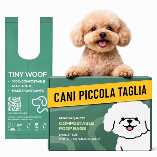 Sacchetti per Cacca per Cani Piccoli – Sacchetti per Cacca Biodegradabili e Compostabili con Manici da Legare | TINY WOOF Mini Sacchetti per Cacca per Cani (360 Pezzi) Chihuahua, Pomeranian, Toy