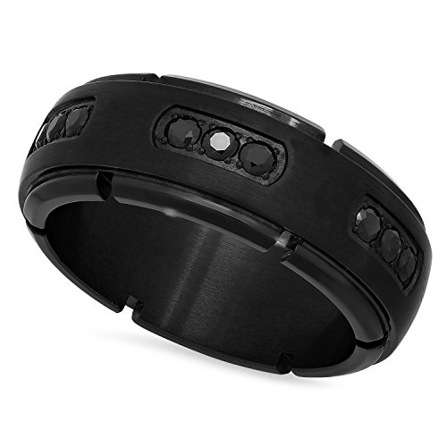 Black Plated Titanium 8mm Comfort Fit Ring w/Black CZs & Notched Edges, Size 11.5