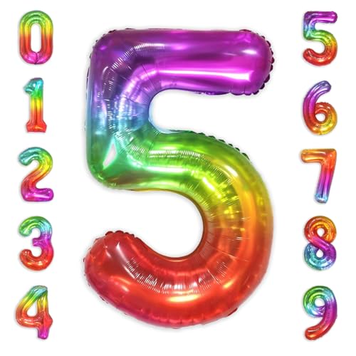 Image of SUWEN Rainbow Number 5 Balloon 40 Inch,Big Colorful Balloons 0-9 | Large Gradient Jelly 5th Helium Foil Mylar Number Multicolor Balloons for Birthday Anniversary Party Decorations