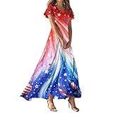 250 Anniversary USA Dress, Forth of July Holiday Boho Graphic Modest Fashion Patriotic Independence Day Ruffle Hem Dresses Women 4Th Outfit (L, Sky Blue)