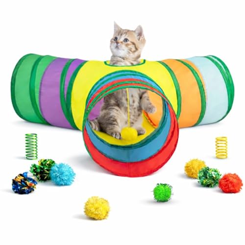 Image of GUSTYLE Cat Tunnel Toy Way, Collapsible Pet Play Tunnel Tube with Storage Bag for Cats, Puppy, Rabbits, Guinea Pig, Indoor and Outdoor Use (3 Way Rainbow)