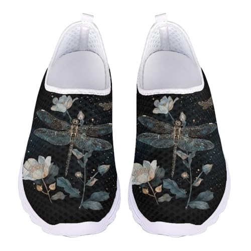 Jeiento Dragonfly Casual Walking Shoes for Women Slip On Loafers Wide Toe Box Comfort Gym Workout Sneakers for Teenager Girls,US 5.5