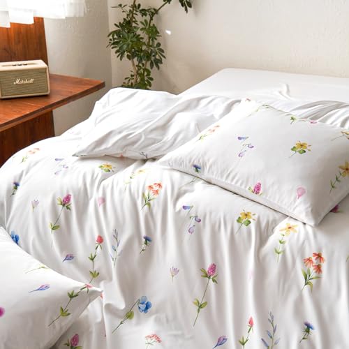 Image of Wake In Cloud - Floral Comforter Set, Cottagecore Cute Aesthetic Watercolor Tiny Flowers and Leaves, Soft Lightweight Bedding for Women Teen Girls, 3 Pieces, White, Queen Size