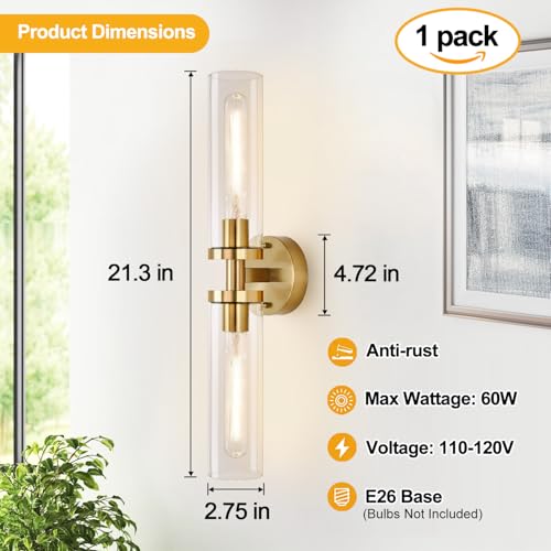Image of Indoi Brushed Gold Wall Sconces, Hardwired Bathroom Sconces Wall Lighting with Clear Glass, Modern Sconces Wall Light fixtures for Bathroom Mirror Living Room Hallway Bedroom