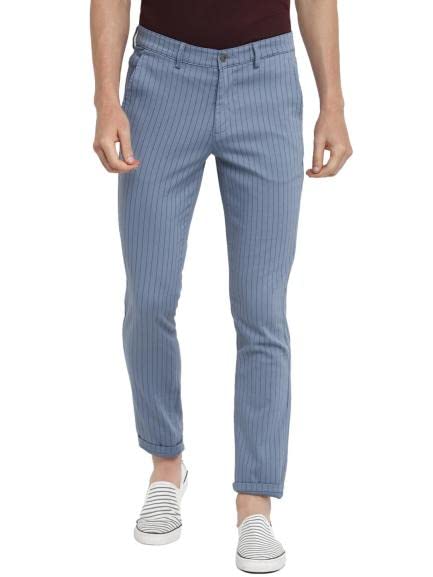 Image of Turtle Men Sky Blue Striped Narrow Fit Trousers