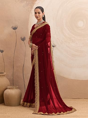 Image of Women's Georgette Embroidery Border Beads work Saree with Blouse Piece
