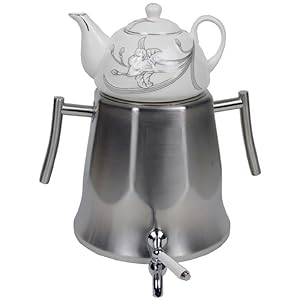 Transitional Modern Large Tall Capacity Classic Iranian Samovar Russian Persian Turkish Tea Maker Water Kettle Heavy Thick Stainless Steel Ceramic Porcelain Teapot 6+1=7 Liter W/Faucet