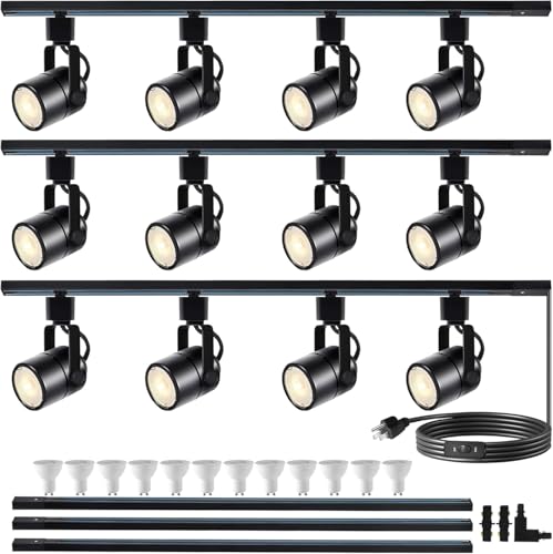 Bravsekai GU10 LED Track Lighting Complete Kit, Dimmable H Type 3 * 1.5m Track Rails,4000K Natural Light 12 Packs GU10 LED Bulbs Ceiling Spotlight Fixture, an Cost-Effective Lighting Solution