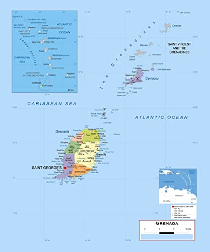 Palmetto Posters 20x24 Laminated Poster: Large detailed political and administrative map of grenada with roads cities and airports