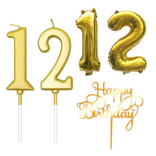 DOINEUFL Bougies d'anniversaire, en forme de chiffre 12, dorées, avec chiffres 1 et 2, pour le 1er anniversaire