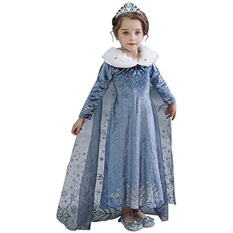 IMEKIS Kid Girls Frozen Elsa Anna Costume Princess Snow Queen Halloween Christmas Fancy Dress Up Long Sleeve Snowflake Birthday Carnival Cosplay Party Outfit Blue 4-5 Years Cover