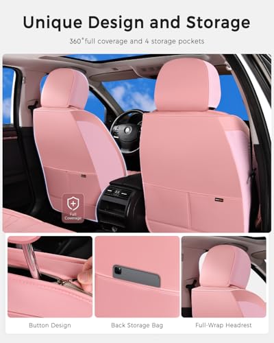 Image of Huidasource Pink Front Seat Covers, Nappa Leather Front Car Seat Covers, Side Elastic Fabric, Compatible with Airbags, Seat Belts, Universal Fit for Most Cars, Vans, Trucks, SUV (Front Pair /Pink)