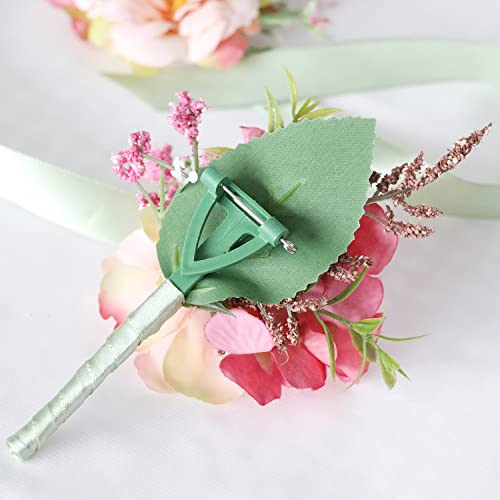 Ansuma Home Prom Iceberg Rose Corsage Boutonniere Set Real Touch Flowers Handmade Artificial Corsage Set Bride Hand Flower Men Boutonniere For For Party Ball Dancing Wedding With Lace Bow Decor (Pink) #TOP3