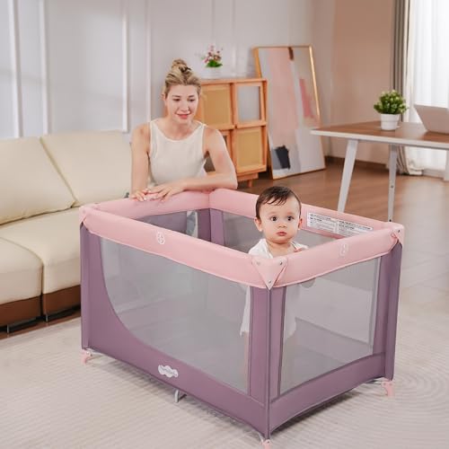 Image of Pamo Babe Compact Pack and Play - Portable Crib for Baby, Lightweight Foldable Travel Playard with Mattress Pad & Carry Bag, Safe Breathable Travel Bed for Home, Trips & Family Visits, Pink