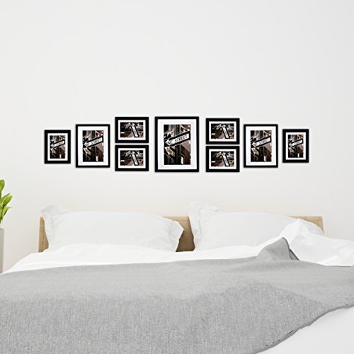 TheDisplayGuys 9pc Solid Pine Wood Tempered Glass Gallery Wall Picture Frames Set - six 5x7, two 8x10, one 11x14 - with Collage Mats & Easels (Black)