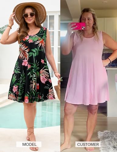 Image of JollieLovin Women Plus Size Curvy Summer Tank Sun Dresses Sleeveless Causal T-Shirt Dress Beach Swing Cover up(L-5X)