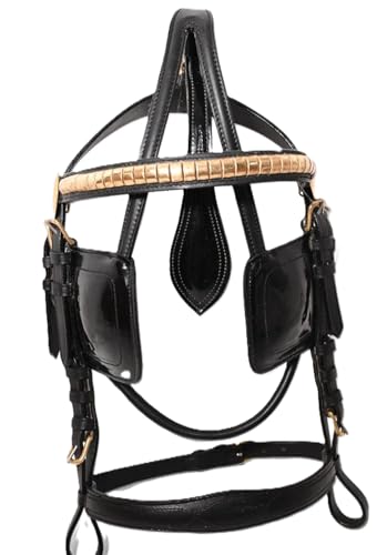 NEW DRAFT HORSE LEATHER DRIVING HARNESS BRIDLE PATENT LEATHER GOLDEN FITTING (BLACK COLOUR) (COB)