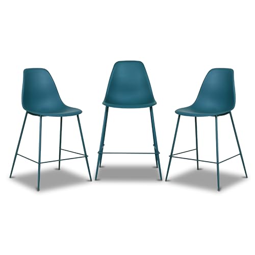 Image of Poly & BARK Isla Bar Stools Set of 3 - Counter Height Bar Stool for Kitchen - Set of Counter Stools - Indoor /Outdoor Barstools - Modern Kitchen Bar Stools - Ocean Teal