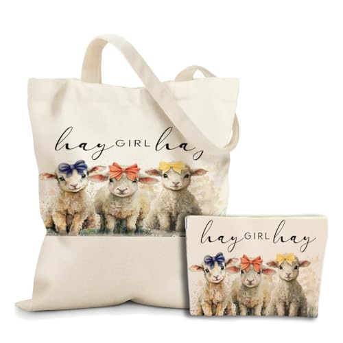 Sheep Gifts for Sheep Lovers Sheep Western Accessories Stuff 2pcs Cosmetic Bag Canvas Tote Bag for Women, Beach Grocery Canvas Tote for Girl Sister Friend Animal Lover Graduation Birthday Christmas