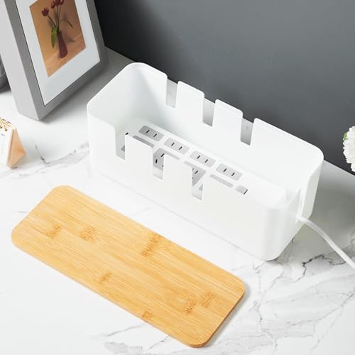 Funda de gestión de cables y tapa de madera para ocultar regletas y proteger del polvo en cocina 4