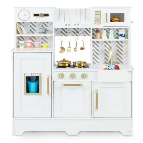 COSTWAY Kids Wooden Kitchen, Pretend Play Kitchen with Coffe