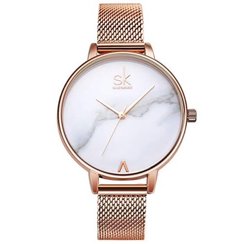 Alienwork Armbanduhr Damen Rose-Gold Metall Mesh Armband Edelstahl Weiss Ultra-flach Elegant