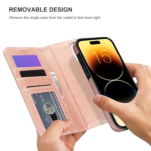 Bocasal Detachable Wallet Case for iPhone 15 Pro Max RFID Blocking Card Slots Holder Premium PU Leather Magnetic Kickstand Shockproof Wrist Strap Removable Flip Cover 5G 6.7 inch (Rose Gold) by Bocasal - Image 3