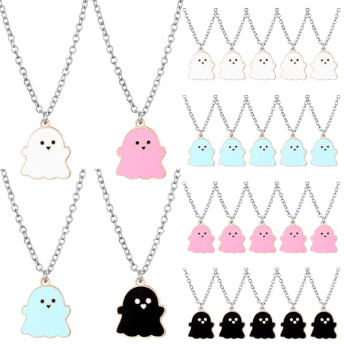 24 Pcs Halloween Ghost Pendant Necklace Party Favors Lovely Ghost Enamel Charm Necklace for Women Men Forever Friendship BFF Chokers Gift Couple Memorial Halloween Costume Decoration