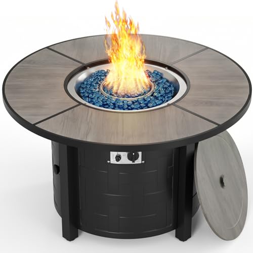 TLGREEN Propane Fire Pit Table 42 Inch Round – 50,000 BTU Outdoor Fire Pit with Lid, Converts to Patio Coffee Table, Certified, Includes Waterproof Cover & Blue Fire Glass(Grey)