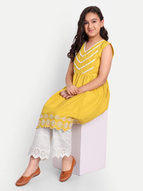 Image of Modish Couture Kid's Girl Stylish Fashionable Self Design Kurta & Plazzo Set (Musterd &White) - MDCT 021