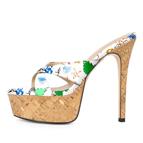Image of Esvowido Heeled Mules for Women Cork Platform Stiletto Heels Slip on Open Toe High Heeled Sandals Crisscross Slippers Pumps Shoes