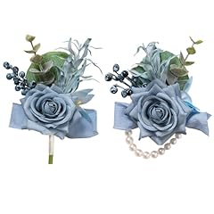 Blue Wrist Corsage and Boutonniere Set
