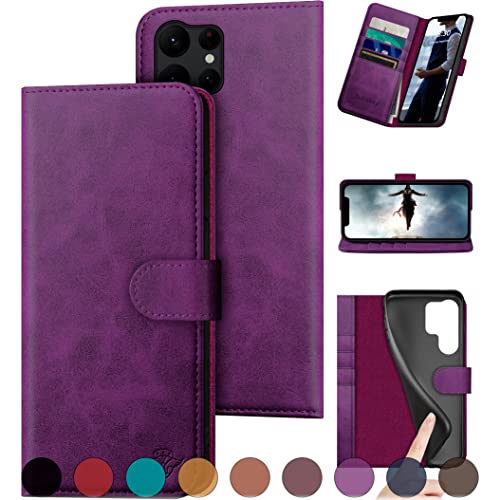 Ducksky For Samsung Galaxy S23 Ultra Genuine Leather Wallet Case 【Rfid Blocking】【4 Credit Card Holder】【Real Leather】 Flip Folio Book Phone Case Protective Cover Women Men For S23Ultra Case Purple #TOP6