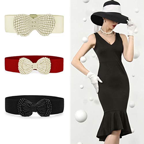 Allegra K Woman Faux Pearl Bowknot Press Stud Button Stretchy Waistband Cinch Belt4
