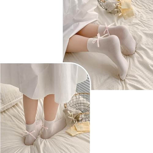 Image of Yxmeiguo Women's Bow Socks - Cotton Sweet Lolita Dress Casual Crew Breathable Soft Cute Girls Textured Ankle Socks - 3 Pairs