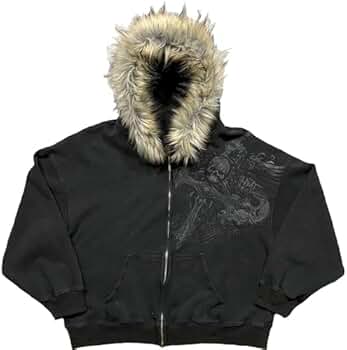 Amazon.com: RICHTRUE Therian Fur Hood Jacket Y2k Goth Zip Up