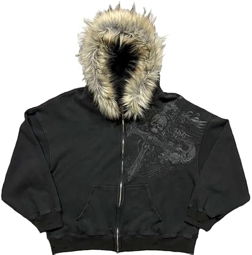 RICHTRUE Therian Fur Hood Jacket Y2k Goth Zip Up Hoodie Oversized Graphic Sweatshirt Emo Grunge Streetwear Fall Winter 2025