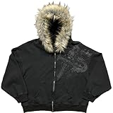 RICHTRUE Therian Fur Hood Jacket Y2k Goth Zip Up Hoodie Oversized Graphic Sweatshirt Emo Grunge Streetwear Fall Winter 2025 (Goth Black,Large)